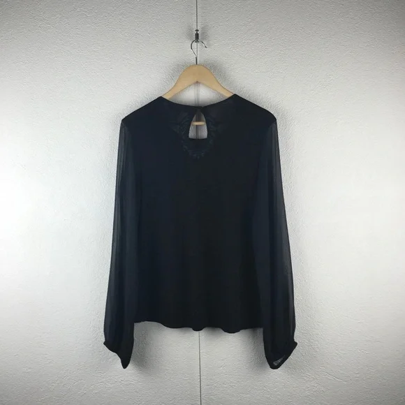 Yoana Baraschi l S Black Long Sheer Silk Chiffon Sleeves Quilted Beaded Blouse
